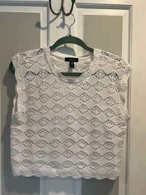 Aqua White Crochet Knit Cap-Sleeve Crop Top